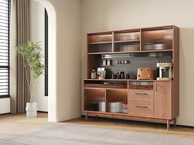 Modern Wooden Sideboard with Open Shelves Drawers Small Appliances and Plant in Cozy Interior 3d model
