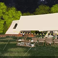 Garden Landscape With White Tipis Under Starry Sky Trees Tables Chairs Hay Bales Log Stacks