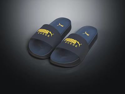 Navy Blue PUMA Slippers with Yellow Logo and Comfortable Design 3d model