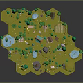 Cartoon Scene Of Hexagonal Green Meadow With Small Colorful Houses Trees Ponds And Paths