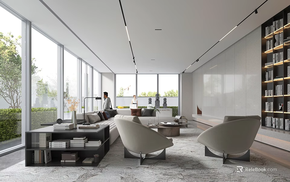 Modern Lounge Area Interior Design With Large Windows Natural Light And Comfortable Seating 3d model