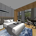 Modern Hotel Room Interior With Large Bed Flat Screen TV And Blue Carpet