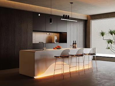Modern Bar Counter Interior With White Surface Stools Hanging Lights And Dark Wood Wall 3d model