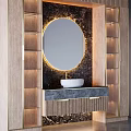 Luxury Modern Bathtub In Bathroom With Round Illuminated Mirror Gold Accents And Gray Marble Countertop