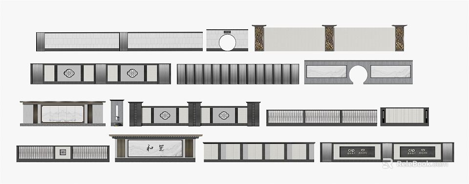 Traditional Chinese Scenic Wall Design With Circular Windows Lattice Panels And Wooden Frames 3d model 