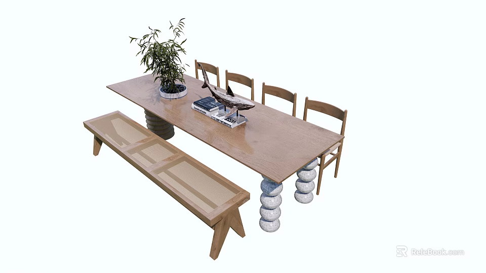 Wooden Dining Table Set With Chairs Bench Potted Plant And Decorative Tray 3d model 