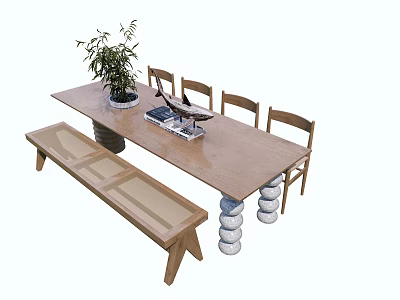 Wooden Dining Table Set With Chairs Bench Potted Plant And Decorative Tray 3d model