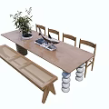 Wooden Dining Table Set With Chairs Bench Potted Plant And Decorative Tray