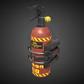 Red Fire Extinguisher with Yellow Stripes Black Nozzle Handle and Mounted Bracket 3d model