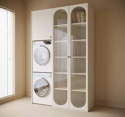 Stacked White Washing Machine With Glass Door Cabinets In Laundry Room Interior 3d model