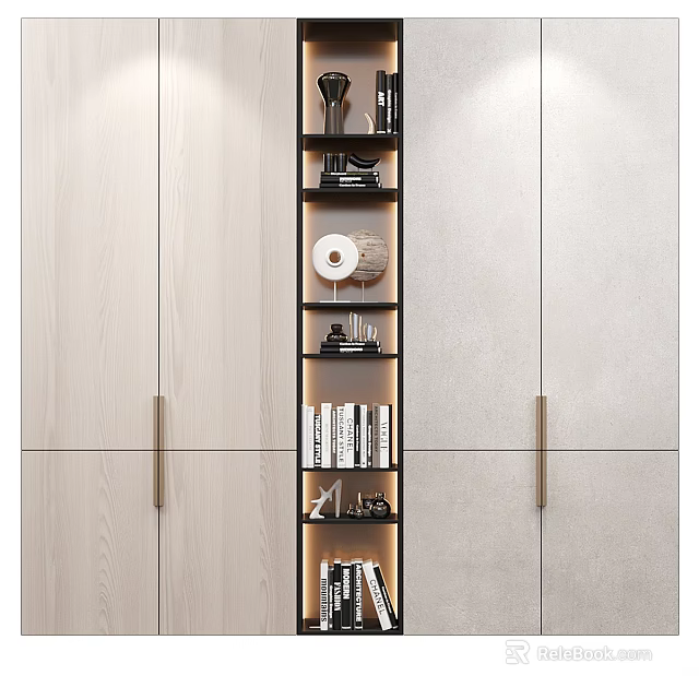 Modern Open Bookcase Design With Wooden Shelves Books And Decorative Objects 3d model 