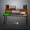 Wooden Music Production Workstation With Speakers Keyboard Mixing Gear And Audio Cables