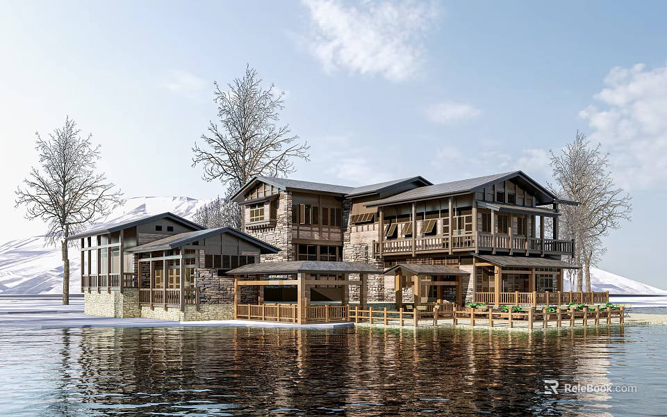 Rural Self Built House By Water With Wooden Structure Balconies And Natural Surroundings Trees 3d model 
