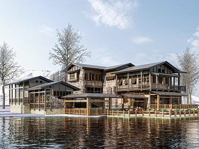Rural Self Built House By Water With Wooden Structure Balconies And Natural Surroundings Trees 3d model