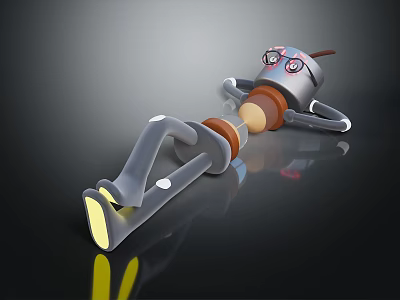 Smart Robot Lying On Reflective Surface With Gray Body Brown Accents And Yellow Feet 3d model