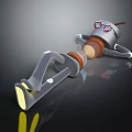 Smart Robot Lying On Reflective Surface With Gray Body Brown Accents And Yellow Feet