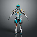 Futuristic Mechanical Character With Blue White Orange Armor And Sci Fi Exoskeleton Design 3d model