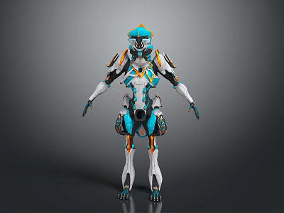 Futuristic Mechanical Character With Blue White Orange Armor And Sci Fi Exoskeleton Design 3d model