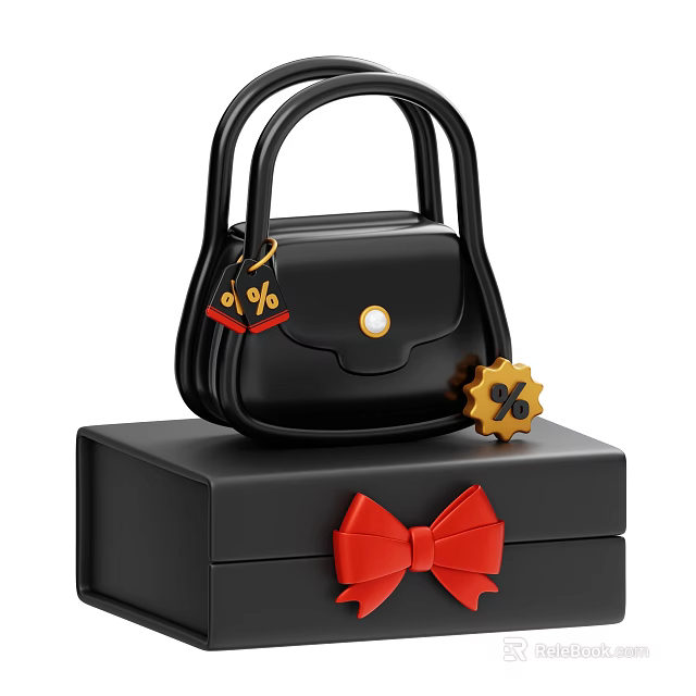 Black Handbag with Red Tag and Yellow Gear on Box with Red Bow for Discount 3d model 