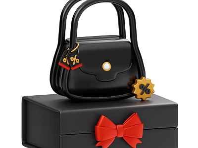 Black Handbag with Red Tag and Yellow Gear on Box with Red Bow for Discount 3d model
