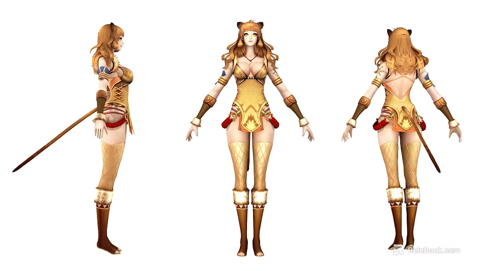 Fantasy Game Character With Cat Ears Golden Outfit And Boots 3d model 