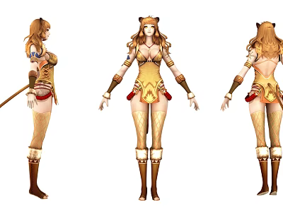 Fantasy Game Character With Cat Ears Golden Outfit And Boots 3d model