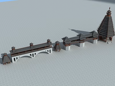 Ancient Architecture Arched Bridge With Traditional Tower And Connected Pavilions 3d model