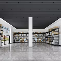 Spacious Warehouse Interior With Black Striped Ceiling Shelves Boxes And Large Windows 3d model