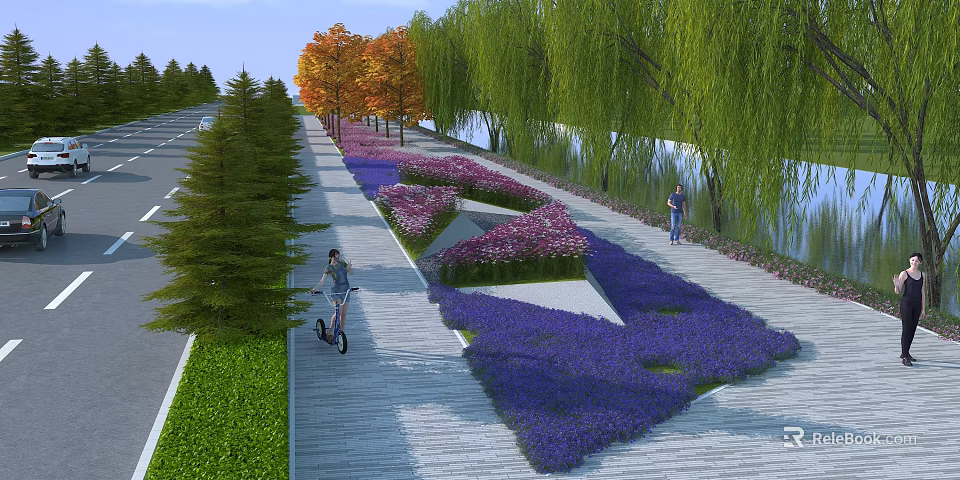 Scenic Urban Park Landscape With Purple Pink Flowers Willow Trees Walkway And Cycling Path 3d model 