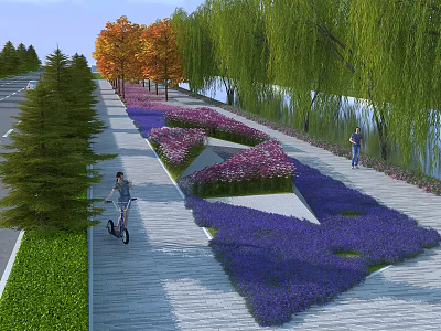 Scenic Urban Park Landscape With Purple Pink Flowers Willow Trees Walkway And Cycling Path 3d model