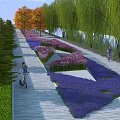 Scenic Urban Park Landscape With Purple Pink Flowers Willow Trees Walkway And Cycling Path