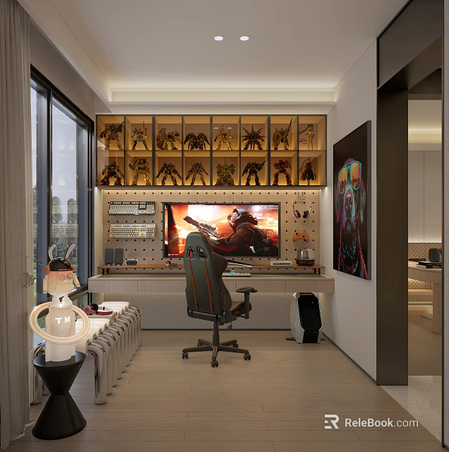 Modern Entertainment Room Interior With Gaming Chair TV Display Cabinets And Collectibles 3d model 