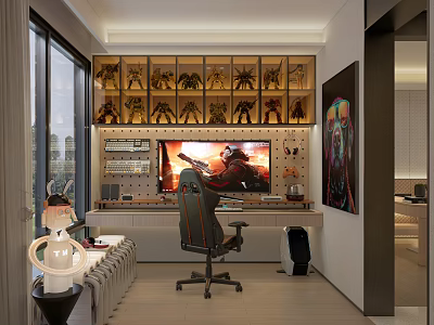 Modern Entertainment Room Interior With Gaming Chair TV Display Cabinets And Collectibles 3d model