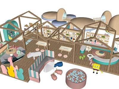 Colorful Kids Play Area With Ball Pit Cartoon Characters And Wooden Play Structures 3d model