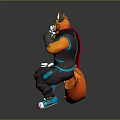 Fox Character In Orange And Blue Outfit Squatting With Hand On Mouth And Fluffy Tail