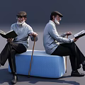 Elderly Men Sitting On Blue Cube Seat Holding Books And Walking Canes