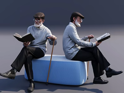 Elderly Men Sitting On Blue Cube Seat Holding Books And Walking Canes 3d model