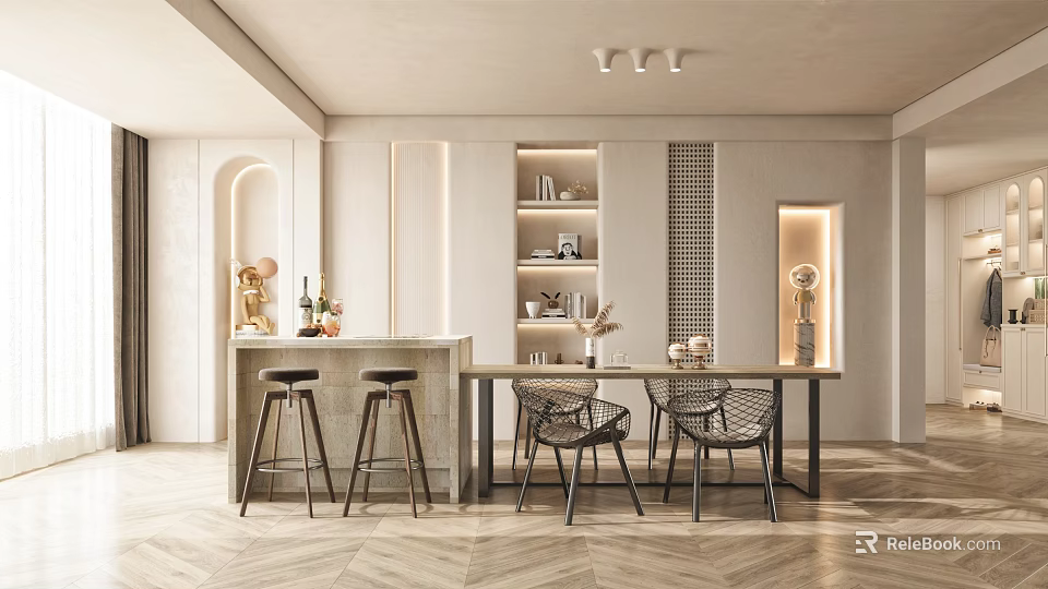 Modern Restaurant Interior Design With Open Concept Bar Counter Dining Table And Chairs 3d model