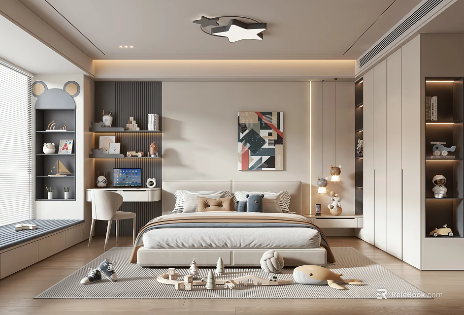 Kids Room Interior Design With Star Ceiling Light Comfortable Bed Toy Shelves And Rug 3d model 