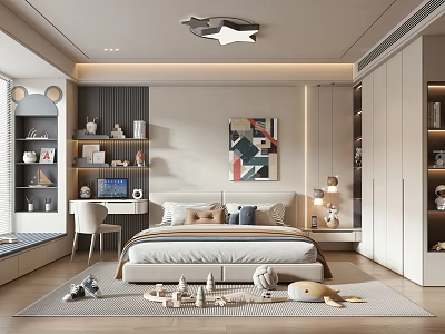 Kids Room Interior Design With Star Ceiling Light Comfortable Bed Toy Shelves And Rug 3d model