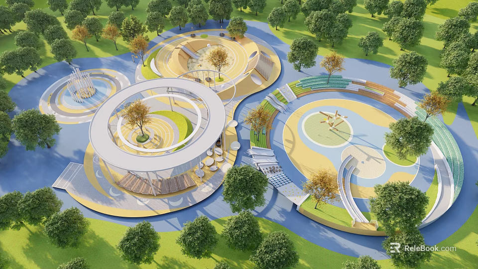 Landscape Seats In Modern Park With Circular Layout Trees Water Features And Pedestrian Paths 3d model