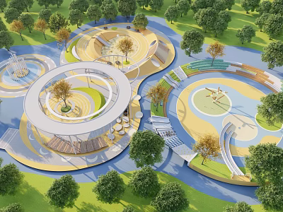 Landscape Seats In Modern Park With Circular Layout Trees Water Features And Pedestrian Paths 3d model