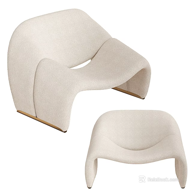 Modern Cream Upholstered Accent Chair With Curved Lines And Wooden Legs 3d model 