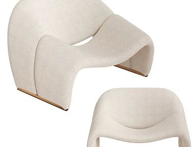 Modern Cream Upholstered Accent Chair With Curved Lines And Wooden Legs 3d model