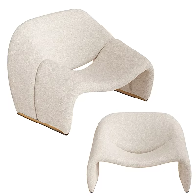 Modern Cream Upholstered Accent Chair With Curved Lines And Wooden Legs 3d model