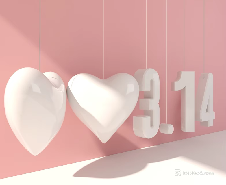 Hanging White Heart Shaped Landscape Sculpture With Number 3.14 On Pink Background 3d model 