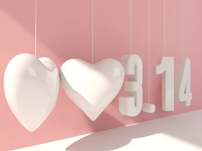 Hanging White Heart Shaped Landscape Sculpture With Number 3.14 On Pink Background 3d model