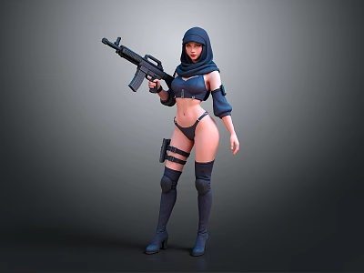 Tactical Female Warrior In Hijab Holding Rifle With Thigh Straps And Boots 3d model