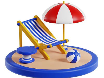 Colorful Striped Decorative Ornament Set With Beach Chair Umbrella Stool And Beach Ball 3d model