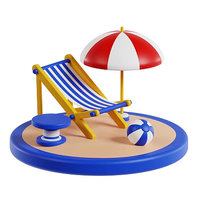 Colorful Striped Decorative Ornament Set With Beach Chair Umbrella Stool And Beach Ball 3d model